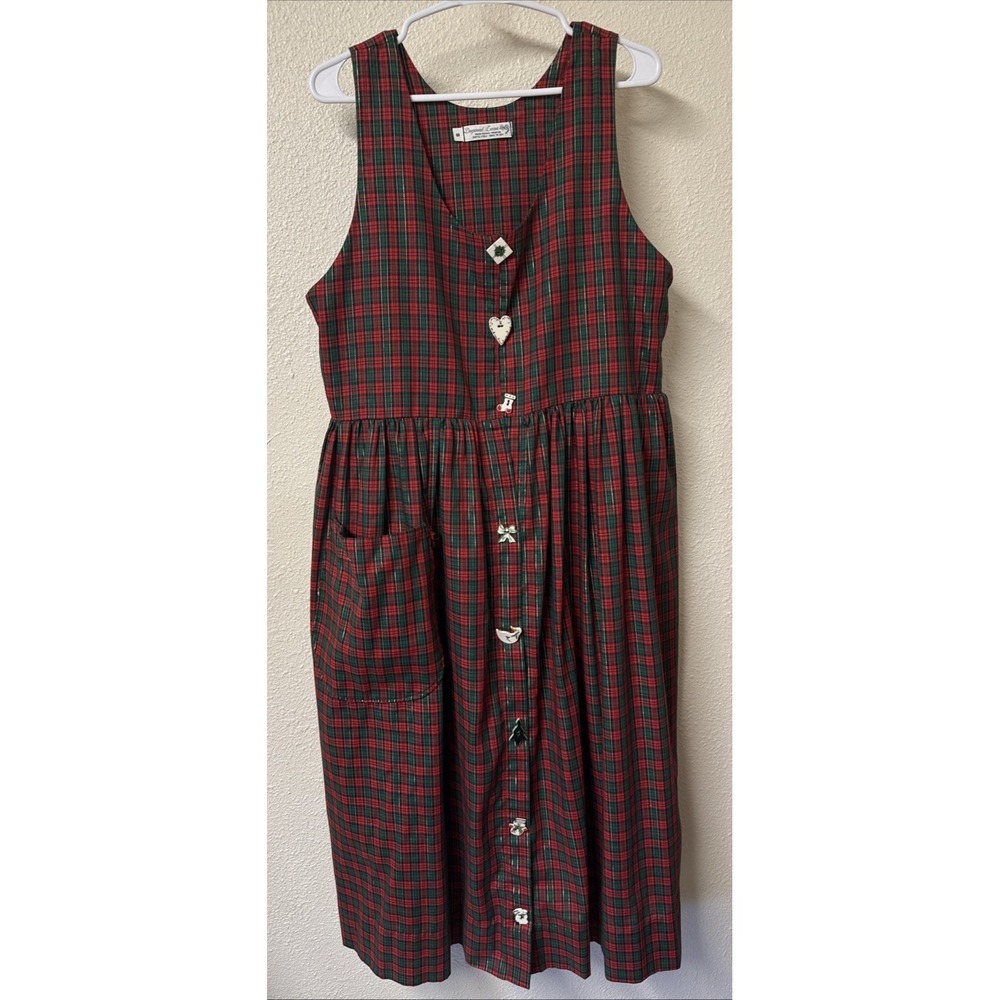 VTG Dogwood Lane Jumper Dress Pinafore Cottagecore Painted Buttons Holiday Plaid